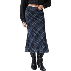 image:imageFloerns Womens Plaid Mesh Fishtail Skirt High Waist Lettuce Trim Summer Midi SkirtsBlue and White Plaid