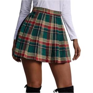 image:imageFloerns Womens Plaid Print Skater Skirt Uniform Pleated Hem High Waist Mini SkirtGreen Multi