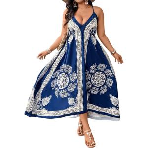 image:imageFloerns Womens Plus Size Boho Print Cami Long Dress Spaghetti Strap V Neck Beach Vacation DressesBlue