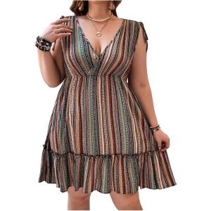 image:imageFloerns Womens Plus Size Boho Striped V Neck Ruffle Dress Flowy Vacation Short DressesBrown Multi