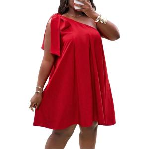 image:imageFloerns Womens Plus Size Bow One Shoulder Tunic Dress Sleeveless Party Night Out DressesRed