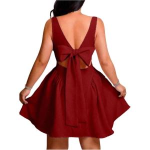 image:imageFloerns Womens Plus Size Bow Tie Backless Mini Dress Square Neck Night Out DressesBurgundy