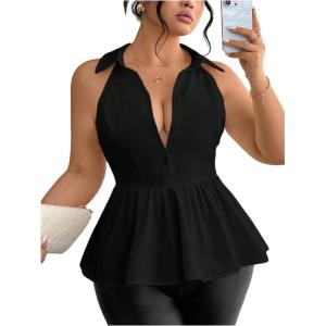 image:imageFloerns Womens Plus Size Button Front Vest Shirts Dressy Casual Sleeveless Ruffled Peplum BlousesBlack