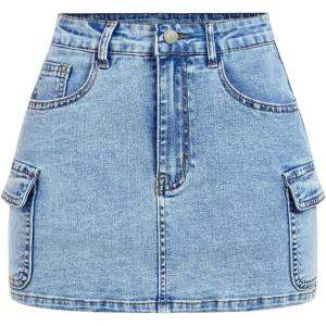 image:imageFloerns Womens Plus Size Cargo Jean Skirt High Waisted Bodycon Mini Denim Skirts with PocketsBlue