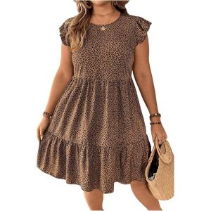image:imageFloerns Womens Plus Size Cheetah Dress Flounce Cap Sleeve Ruffle Swing Shift DressBrown