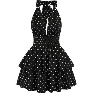 image:imageFloerns Womens Plus Size Cheetah Halter Short Dress Sleeveless Shirred Layered Ruffle Hem Y2k Going Out Mini DressesBlack and White