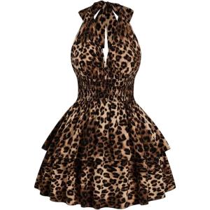 image:imageFloerns Womens Plus Size Cheetah Halter Short Dress Sleeveless Shirred Layered Ruffle Hem Y2k Going Out Mini DressesBrown