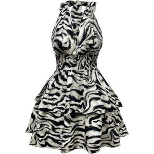 image:imageFloerns Womens Plus Size Cheetah Halter Short Dress Sleeveless Shirred Layered Ruffle Hem Y2k Going Out Mini DressesGrey Multi