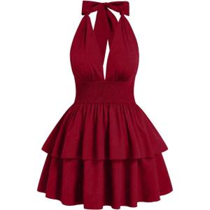image:imageFloerns Womens Plus Size Cheetah Halter Short Dress Sleeveless Shirred Layered Ruffle Hem Y2k Going Out Mini DressesRed