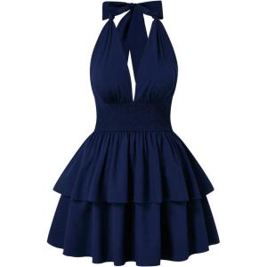image:imageFloerns Womens Plus Size Cheetah Halter Short Dress Sleeveless Shirred Layered Ruffle Hem Y2k Going Out Mini DressesRoyal Blue
