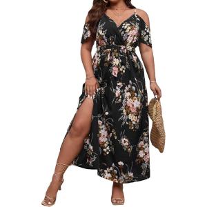 image:imageFloerns Womens Plus Size Cold Shoulder Short Sleeve Split Thigh Long DressBlack Flower