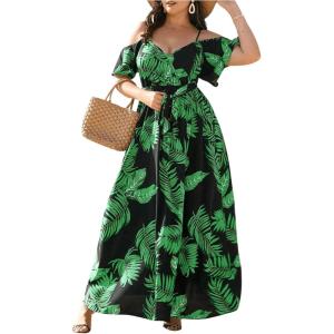 image:imageFloerns Womens Plus Size Cold Shoulder Short Sleeve Split Thigh Long DressBlack and Green
