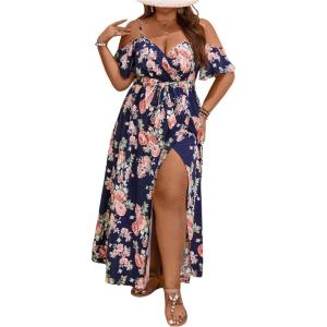 image:imageFloerns Womens Plus Size Cold Shoulder Short Sleeve Split Thigh Long DressBlue Ink