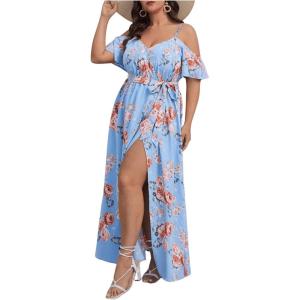 image:imageFloerns Womens Plus Size Cold Shoulder Short Sleeve Split Thigh Long DressLight Blue