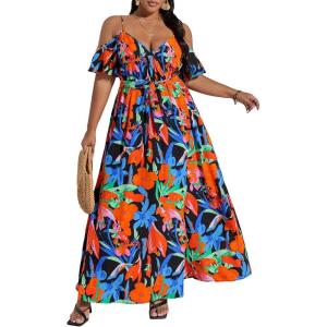 image:imageFloerns Womens Plus Size Cold Shoulder Short Sleeve Split Thigh Long DressRed Floral