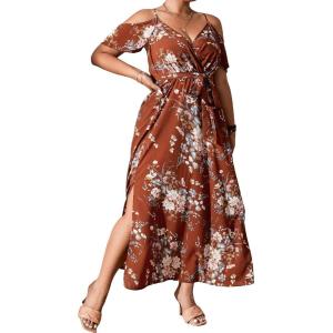 image:imageFloerns Womens Plus Size Cold Shoulder Short Sleeve Split Thigh Long DressRust Brown
