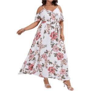 image:imageFloerns Womens Plus Size Cold Shoulder Short Sleeve Split Thigh Long DressWhite