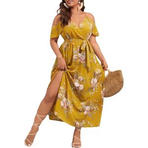 image:imageFloerns Womens Plus Size Cold Shoulder Short Sleeve Split Thigh Long DressYellow