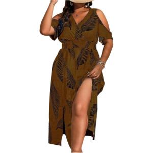 image:imageFloerns Womens Plus Size Cold Shoulder Tropical Print V Neck Flared A Line Long DressBrown
