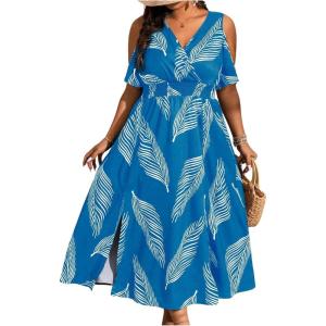 image:imageFloerns Womens Plus Size Cold Shoulder Tropical Print V Neck Flared A Line Long DressDeep Blue