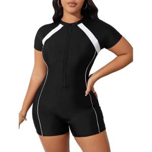image:imageFloerns Womens Plus Size Colorblock Full Zip Short Sleeve One Piece SwimsuitBlack