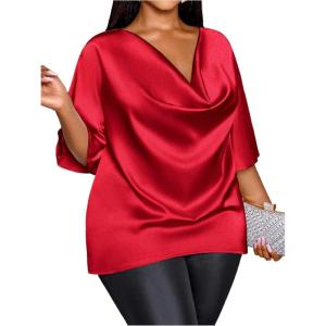 image:imageFloerns Womens Plus Size Cowl Neck Satin Blouses Half Sleeve Dressy Casual Blouse TopsRed