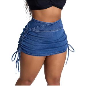 image:imageFloerns Womens Plus Size Cross Wrap Waist Denim Skirt Drawstring Side Mini SkirtMedium Wash