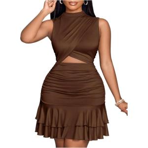 image:imageFloerns Womens Plus Size Cut Out Layered Ruffle Mini Dress Sleeveless Bodycon Going Out DressesBrown