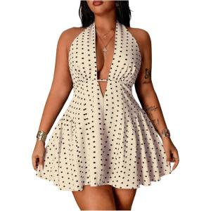 image:imageFloerns Womens Plus Size Cute Polka Dots Halter Mini Dress Ruffle A Line Going Out DressesApricot