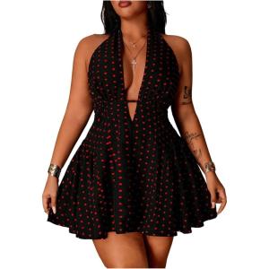 image:imageFloerns Womens Plus Size Cute Polka Dots Halter Mini Dress Ruffle A Line Going Out DressesBlack