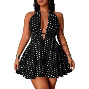 image:imageFloerns Womens Plus Size Cute Polka Dots Halter Mini Dress Ruffle A Line Going Out DressesBlack and White
