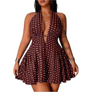 image:imageFloerns Womens Plus Size Cute Polka Dots Halter Mini Dress Ruffle A Line Going Out DressesBrown
