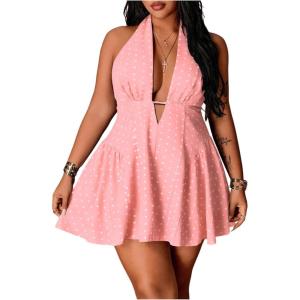 image:imageFloerns Womens Plus Size Cute Polka Dots Halter Mini Dress Ruffle A Line Going Out DressesPink