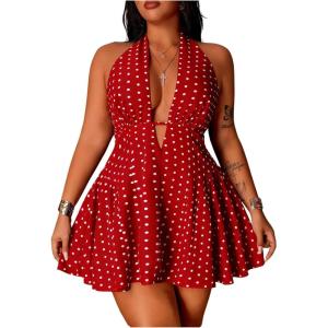 image:imageFloerns Womens Plus Size Cute Polka Dots Halter Mini Dress Ruffle A Line Going Out DressesRed