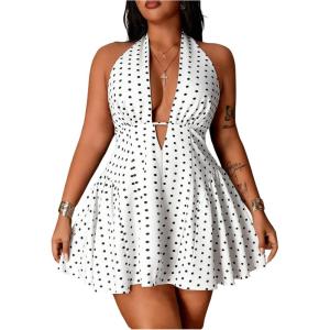 image:imageFloerns Womens Plus Size Cute Polka Dots Halter Mini Dress Ruffle A Line Going Out DressesWhite