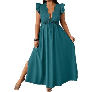image:imageFloerns Womens Plus Size Deep V Neck Maxi Dress Summer Ruffle Sleeve Split Flowy Vacation DressesTeal Blue