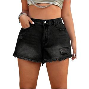 image:imageFloerns Womens Plus Size Distressed Denim Shorts Wide Leg Casual Jean Shorts with PocketBlack