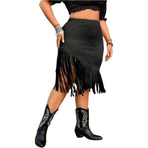 image:imageFloerns Womens Plus Size Elastic Waist Fringe Trim Western Cowgirl Midi SkirtBlack