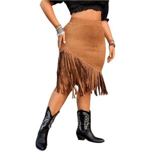image:imageFloerns Womens Plus Size Elastic Waist Fringe Trim Western Cowgirl Midi SkirtBrown