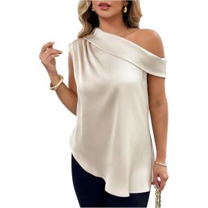 image:imageFloerns Womens Plus Size Elegant Blouse Asymmetrical Neck Dressy Casual Satin ShirtsApricot