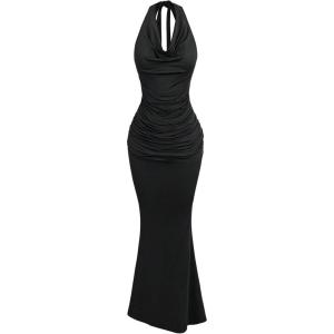 image:imageFloerns Womens Plus Size Elegant Halter Maxi Dress Draped Cowl Neck Fishtail Backless Bodycon Party Cocktail Long DressesBlack