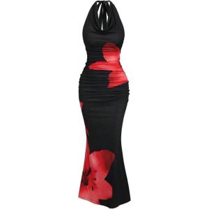image:imageFloerns Womens Plus Size Elegant Halter Maxi Dress Draped Cowl Neck Fishtail Backless Bodycon Party Cocktail Long DressesBlack Flower