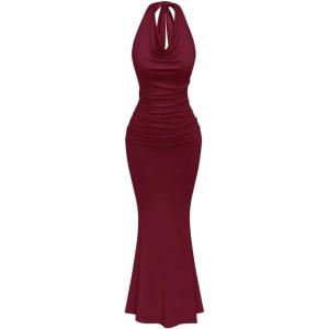 image:imageFloerns Womens Plus Size Elegant Halter Maxi Dress Draped Cowl Neck Fishtail Backless Bodycon Party Cocktail Long DressesBurgundy