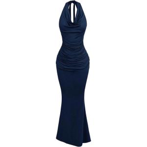 image:imageFloerns Womens Plus Size Elegant Halter Maxi Dress Draped Cowl Neck Fishtail Backless Bodycon Party Cocktail Long DressesDark Blue
