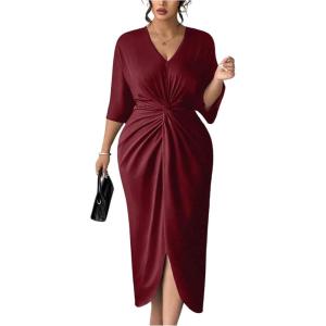 image:imageFloerns Womens Plus Size Elegant V Neck Midi Dress Twist Front Half Sleeve Party Cocktail Wedding Guest DressesBurgundy