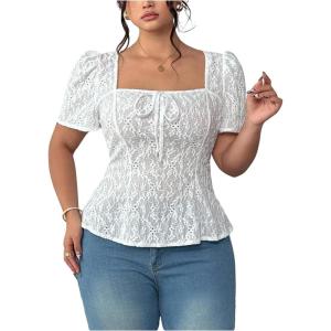image:imageFloerns Womens Plus Size Eyelet Puff Sleeve T Shirts Tie Front Square Neck Peplum Going Out TopsWhite