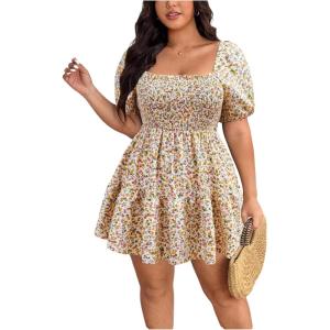 image:imageFloerns Womens Plus Size Floral Mini Dress Puff Sleeve Square Neck Smocked A Line Beach DressesApricot