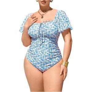 image:imageFloerns Womens Plus Size Floral One Piece Swimsuit Square Neck Ruffle Sleeve Bathing SuitBlue Multi
