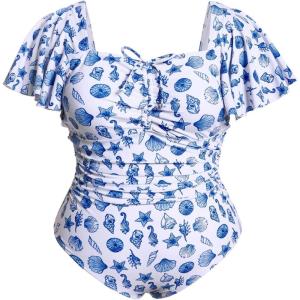 image:imageFloerns Womens Plus Size Floral One Piece Swimsuit Square Neck Ruffle Sleeve Bathing SuitBlue Starfish