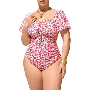 image:imageFloerns Womens Plus Size Floral One Piece Swimsuit Square Neck Ruffle Sleeve Bathing SuitRed Multi
